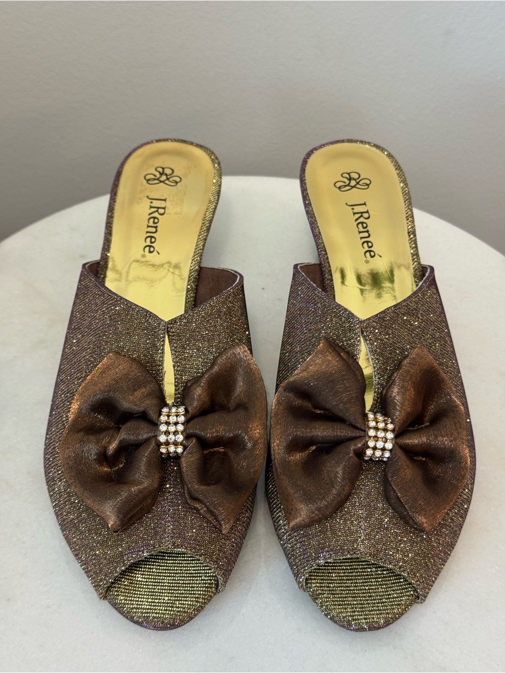 J.Renee Gold Glitter and Purple Hued Bow Peep-Toe Heels - Picture 3 of 12